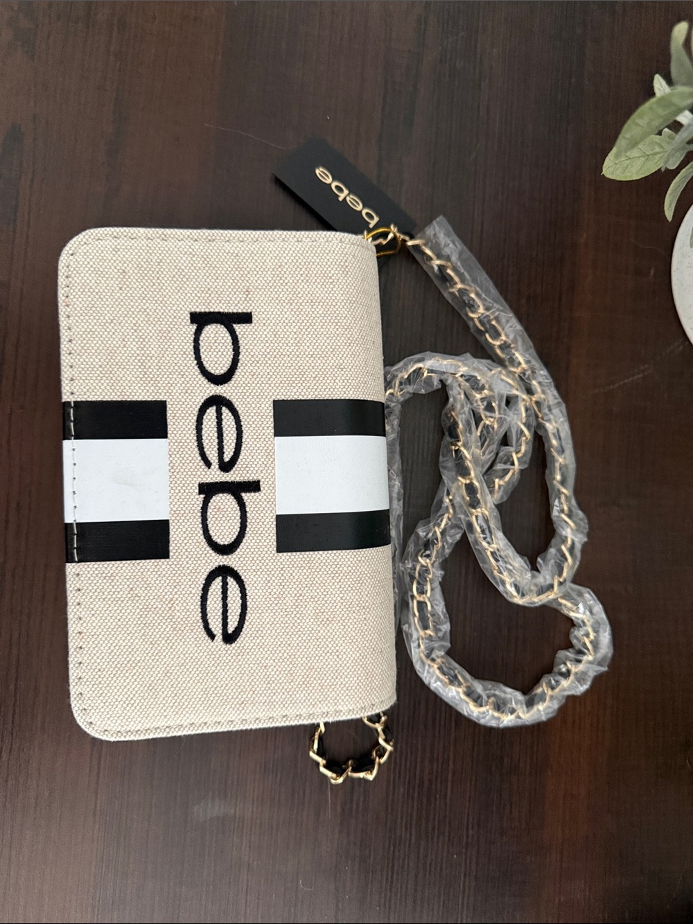 bebe Beige Canvas Crossbody with Black Stripe and Gold Chain - Picture 3 of 7